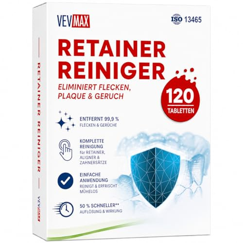 Vevmax Retainer Reinigungstabletten - 120 Tabletten (4 Monate Vorrat) Retainer, Zahnersatz, Mundschutz, Zahnspangen, Aligner Reiniger, Perfekt für Ultraschall-Zahnspangenreiniger