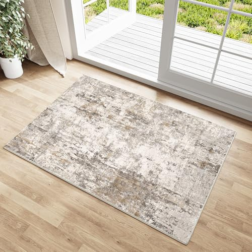 HUGEAR Braun Grau Fußmatte Teppich 60x90cm Kleiner Waschbarer | Waschbarer Modern Abstrakter Teppich, Rutschfest, Kurzflorig, Weich, für Eingangsbereich, Küche, Bettvorleger