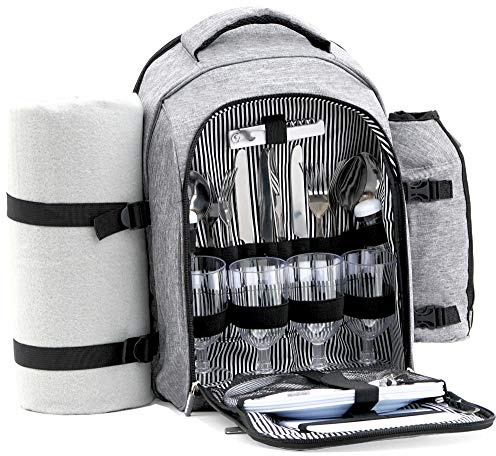 CampFeuer Picknickrucksack 32-teilig | Picknickset für 4 Personen | Grau | mit Flaschenhalter, Picknickdecke, Kühlfach und Campinggeschirr | Freizeitrucksack, Campingrucksack