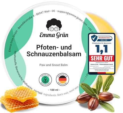 Emma Grün® Pfotenbalsam Hund 100ml – Pfotenschutz vor Streusalz, EIS & heißem Asphalt – Pfotenpflege bei trockenen, rissigen Pfoten & Nasen – Hundepfoten Balsam mit Jojoba, Propolis & Bienenwachs