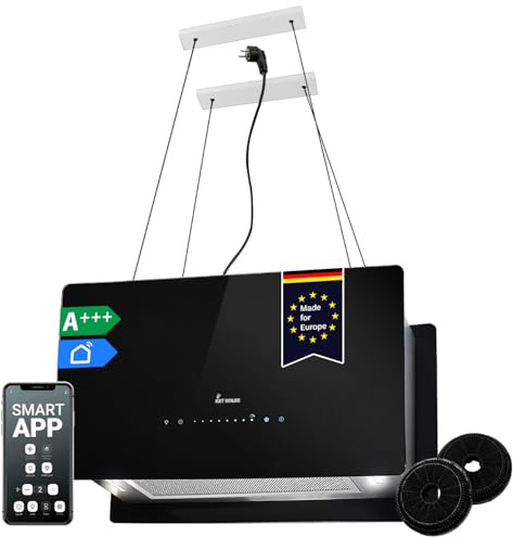 KKT KOLBE A+++ Dunstabzugshaube 60 cm 764 cbm/h Umluft | Smart WLAN WiFi App | Inselhaube freihängend | Deckenmontage | Edelstahl | Schwarz Glas | LED-Beleuchtung | Nachlaufautomatik | CUBE60S