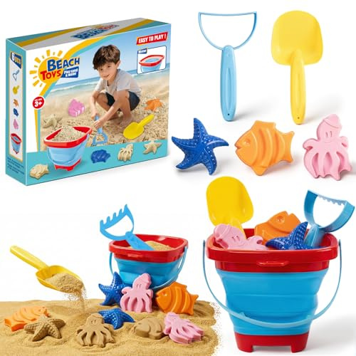 Sandspielzeug Set für Kinder,zusammenklappbarer Silikoneimer mit Schaufel, Rechen,Sandförmchen und Netztasche,Outdoor Spielzeug für Strand und Sandkasten,für Kinder von 3–10 Jahren
