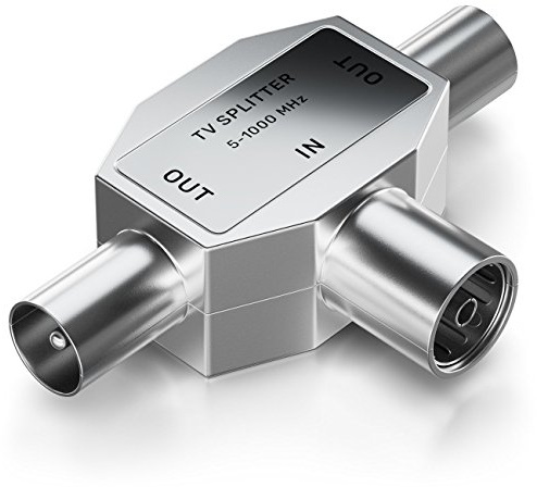 deleyCON Antennen-Verteiler T-Kupplung TV, 2X Koax-Stecker - Silber | Zweigeräte-Verteiler für TV, T-Adapter und Koax-Kupplung, kabelfernsehtauglich