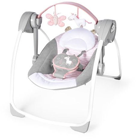 Ingenuity, tragbare Babyschaukel & Babywippe, Flora the Unicorn - 6 Schaukelgeschwindigkeiten, 3 Zeitschaltuhreinstellungen, 12 beruhigende Melodien, Neugeborene 0-9 Monate, 9 kg Max, Rosa