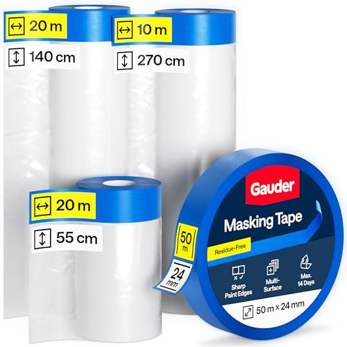 GAUDER 50 Meter Abdeckfolien-Set mit Klebeband (55 + 140 + 270 cm) und Malerkrepp (24 mm x 50 m) - 66 m² Malerfolie mit Klebeband - Set Malerband Abklebefolie perfekt für Fenster, Türen und Schalter