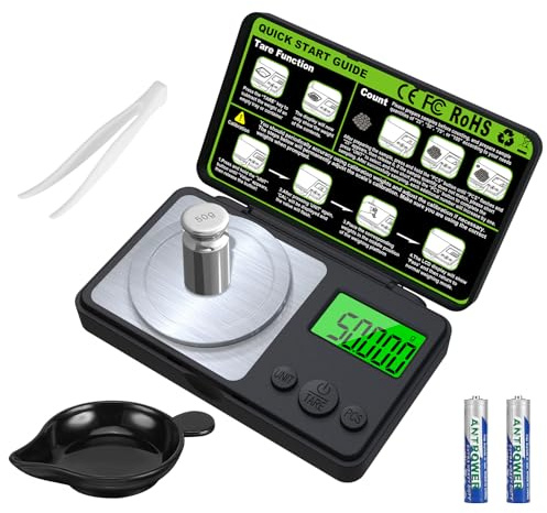 Feinwaage, 50g/0.001g Hochpräzise Milligramm-Waage, elektronische Digitalwaage mit LCD-Anzeige, Cal-Gewicht, Pinzette, Tray und Schaufel, für Pulver, Schmuck, Medizin