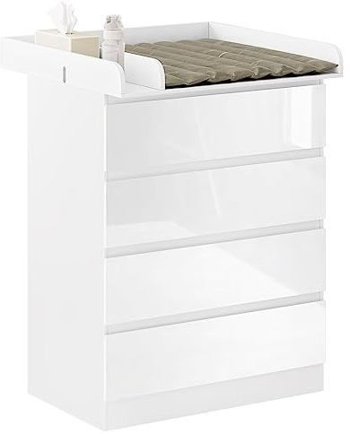 WOLTU Wickelkommode mit abnehmbarem Wickelaufsatz, Wickeltisch Baby, Wickelregal, Kommode mit 4 Schubladen, Höhe 110 cm, Weiß + Hochglanz