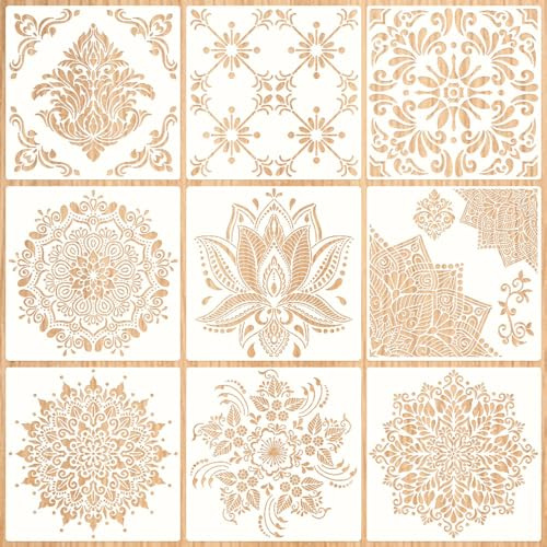 Sxutop 9 Stück Groß Mandala Schablonen Set Wiederverwendbare Malschablonen | Mandala Stencils,Kunststoff Schablone Blumen,Groß,Wandschablonen zum Streichen,für DIY Handwerk Wände Möbel Dekor,30x30cm