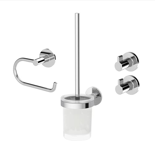 Lenz Bad-Accessoire-Set VIDA in Chrom – 4-teilig – Toilettenpapierhalter, WC-Bürstengarnitur und Zwei Handtuchhaken – Zum Kleben oder Bohren – Hochwertige Verarbeitung – 4490002