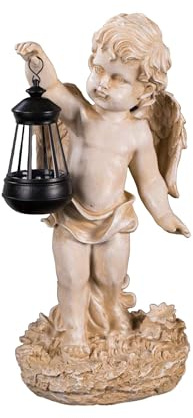 Birendy Engel NF86335 C, Groß 42 cm hoch, Gartenengel, Deko Engel mit LED Solar Lampe, Antik Weiß, Dekorationsfigur Gartendekoration, Gartenfigur, Engelsfigur, Schutzengel, Skulptur, Windlicht,