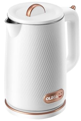 OLEGA Wasserkocher, 1,8 Liter Tragbarer Wasser kocher, 1800W Edelstahl/Kunststoff, Teekocher Elektrischer Wasserkocher, Automatische Abschaltung Trockenaufschutz Weiß
