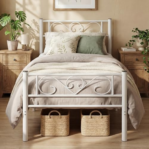 VASAGLE Bett 90 x 200 cm, Gästebett, Einzelbett aus Metall, Bettgestell, Bettrahmen, Metallbett, einfache Montage, mattweiß RMB062W01
