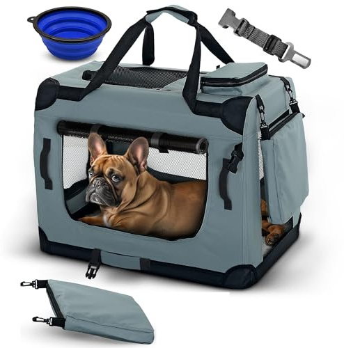 PET VIOLET Hundebox Hundetransportbox faltbar & robust für Auto & Reise – 62×42×44 cm – atmungsaktive Transportbox Transporttasche für Hunde & Katzen Stoffbox Tragetasche Grau