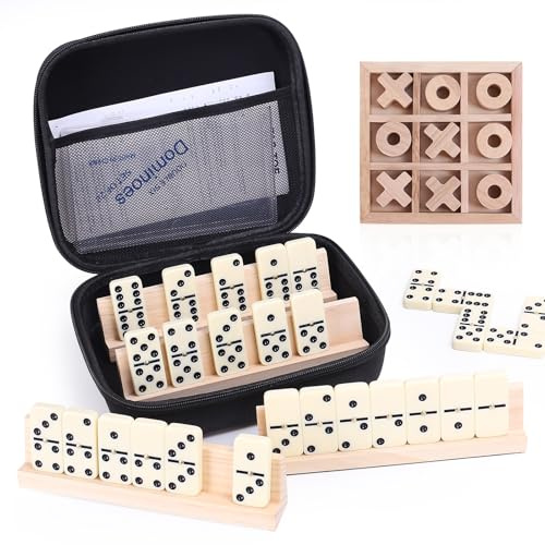 Dominoes and Tic Tac Toe Game Set, 28 Tiles Dominos with 4 Wooden Racks, Wood Tic Tac Toe Classic Board Games, Portable Travel Game with Carrying Case