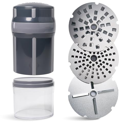 evergrate® EasyGrater Panther - Multifunktionale Küchenreibe mit Drehmechanismus, 3 Edelstahl Reibeinsätze, Auffangbehälter - Für Käse, Schokolade, Gemüse & mehr - Spülmaschinenfest, Robustes ABS