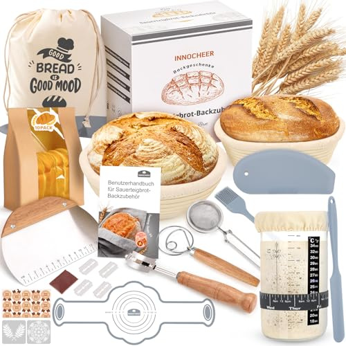 Gärkörbchen Für Sauerteig Starter Set, 25cm & 23cm Gärkorb Brot Backen | Sauerteig Starterset Mit Sauerteig Starterglas, Brot Backen Zubehör Startver Großes Geschenk Für Anfänger, Erfahrener Bäcker
