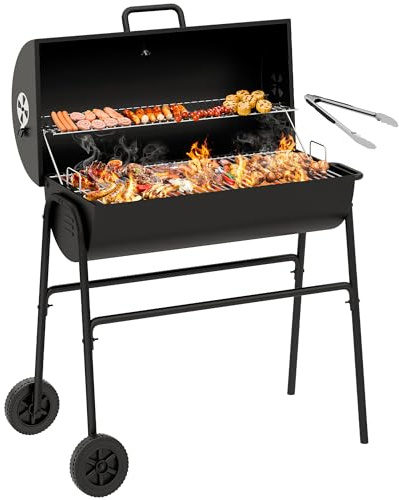 YITAHOME M Holzkohlegrill BBQ Smoker Grillwagen mit Höhenverstellbare Kohlenstoffpfanne & Thermometer, Standgrill für Party, Camping, Garten, inkl. Küchenzange