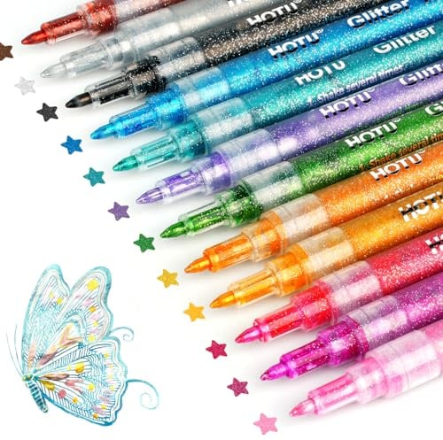 HOTU 12 Glitzer Filzstifte Zeichenset, Glitzerstifte 0.7mm - Wasserbasis Acryl Glitzer Stifte für Basteln von Steinen, Keramik, Glas, Holz, Stoff, DIY Projekte Ect