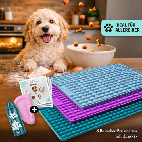Collory große Backmatten Hundekekse Starter Paket inkl. Zubehör (5er Set), Hundeleckerlis in MINI backen, Dosierflasche und Schaber, Lebensmittelecht & Bpa-frei
