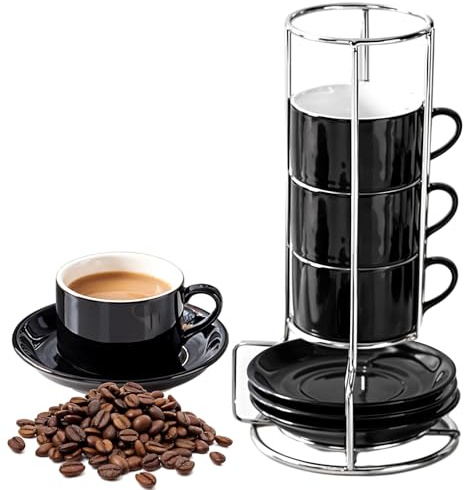 Caossuixn 4x50ml Espressotassen,Espresso Tassenmit Untertassen and Ständer | Keramik, Spülmaschinenfeste, 4er Kaffeebecher Keramik für Americano, Cappuccino, Tee und Latte