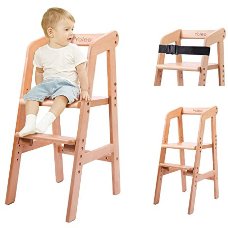 YOLEO hochstuhl, höhenverstellbarer Holzhochstuhl für kinder bis 12 Jahren, mitwachsender Buchenholz Babystuhl, Stuhl wächst mit dem Baby, zum Essen und Lernen (Natur)