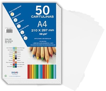 Dohe - Weißer Karton A4 (50 Stk.) - Größe 21x29,7 cm, Dicke 180 g/m², Basteln, Drucken und Schulbedarf