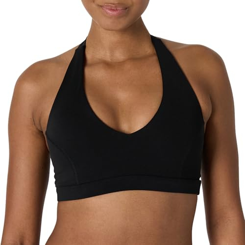Amazon Essentials Damen Active FormFlex Buttery Soft Sport-BH mit V-Ausschnitt und Nackenband für leichten Halt, Schwarz, L
