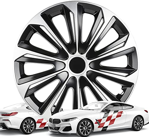 WALSER Premium Radkappen New Racer, 4er Set Radkappen Auszeichnung Sehr Gut*, Radzierblenden 15 Zoll, Radblenden für Alufelgen Stahlfelgen, Auto Radzierblende schwarz Silber - Made in Europe