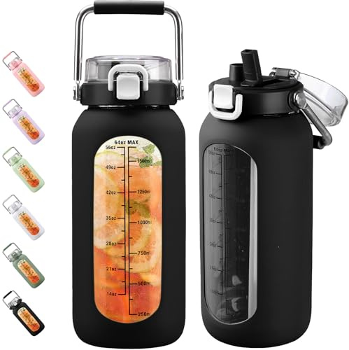 BLUEGO 2000ml Glaswasserflasche mit Edelstahlgriff und Zeitmarkierung 2L Trinkflasche Borosilikatglas mit Silikonhülle und Stroh für Fitnessstudio Büro Draussen Sport Wasserflaschen BPA-frei, Schwarz