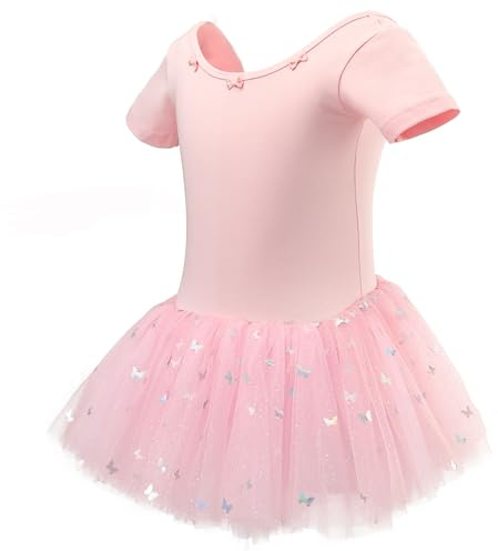 ANTLOOWW Kinder Ballettkleidung Mädchen Ballettkleid Pailletten Baumwolle Ballettanzug Tanzkleid Kurzarm Ballett Trikot Ballett Tütü mit Rock 2-11 Jahre