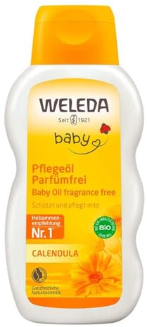 WELEDA Bio Baby Calendula Pflegeöl parfümfrei - veganes Naturkosmetik Babyöl mit Sesamöl zur Pflege & Massage von Babys. Körperöl zum Schutz vor Hautreizungen, Wundwerden & trockener Haut (1x200ml)