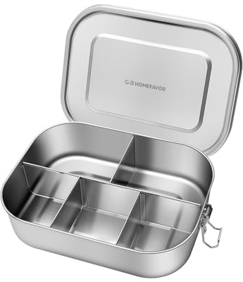G.a HOMEFAVOR Edelstahl Brotdose Metall Lunchbox mit 5 Fächern 1400ml Auslaufsichere Bento Box Groß Sandwichbox Brotzeitdose mit Trennwand Vesperdose Brotbüchse