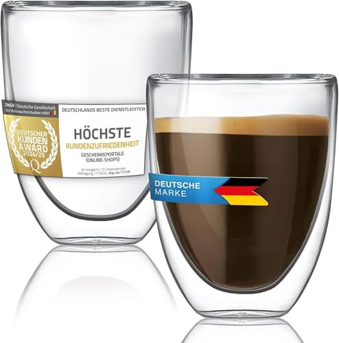 Dimono® Espressotassen doppelwandig, 80ml, außen kühl, Schwebeeffekt | Nie wieder Finger verbrennen, Thermo-Schwebeeffekt, 2er Set Espressogläser 80ml, robustes Borosilikatglas, hitzebeständig