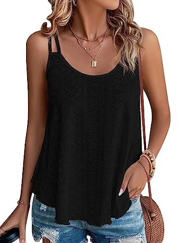 DUOEASE Tank Top Damen 2024 Sommer Schwarz Eyelet Spaghetti Oberteile Sommermode ärmellose Shirt Damen XL