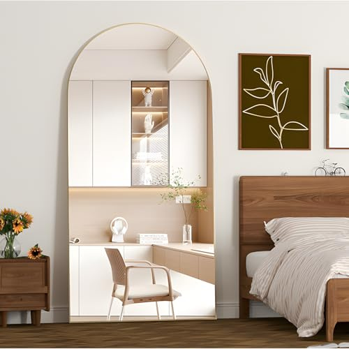 NEUWEABY Spiegel in voller Länge 180x80 cm Gewölbter Spiegel Ganzkörper Gold Stehend Bodenspiegel mit Ständer Hängend oder an die Wand gelehnt für Schlafzimmer Eingang, Wohnzimmer