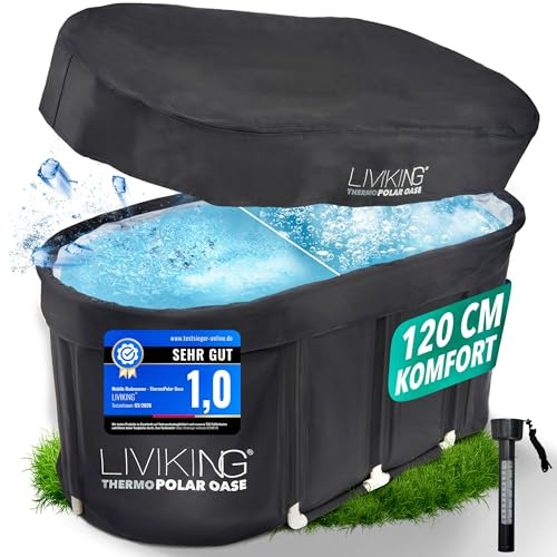 LIVIKING® Eisbad + Faltbare Badewanne Erwachsene [120 cm - 2in1 KOMFORT KOMPLETTSET] Eisbaden Tonne, Mobile Badewanne Outdoor & Eistonne – Jetzt Eintauchen! (ThermoPolar Oase, schwarz)