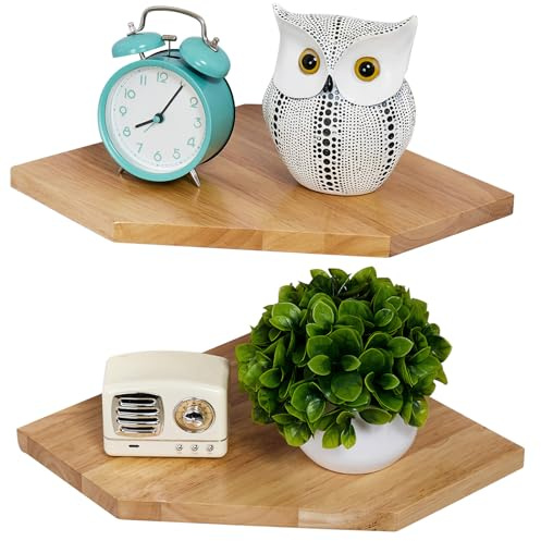 Gieanoo Eckregal Hängend,2er-Set 21.5cm Natürlich Eiche Massivholz Eckregal | Wandregal Holz Vintage Landhausstil Regal für Schlafzimmer Wohnzimmer Diamantform