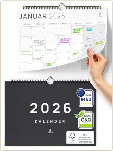 UNITURE® Minimalistischer Wandkalender 2026, Okt - Dez 2026 (15 Monate) DIN A4-Format Familienkalender für einfache & effiziente Planung, Wandplaner 2026