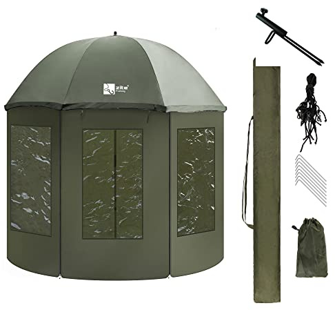 Zite Fishing Schirmzelt Anglerzelt Wasserabweisend & Geschlossen [250cm + Schirmstütze] Karpfen Angelzelt Angelschirm mit Seitenwand & Rückwand Angelschirme Angel Schirm Anglerschirm Schirmzelt Angeln