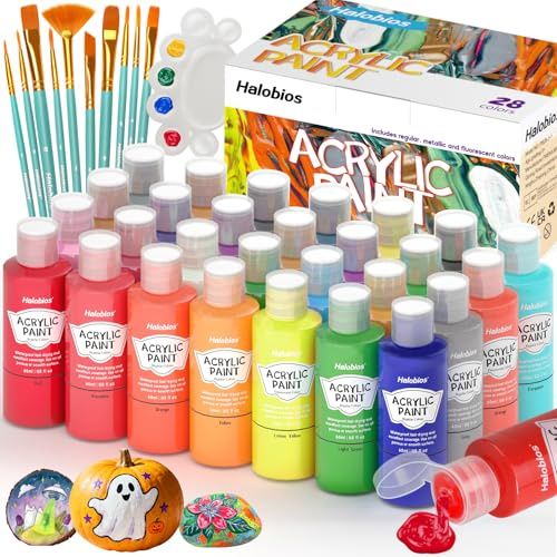 Halobios Acrylfarben-Set mit Pinsel und Palette – 28×60 ml hochwertige ungiftige Acrylfarbe, mit fluoreszierenden und metallischen Farben, schnell trocknend, wasserfest und lichtecht