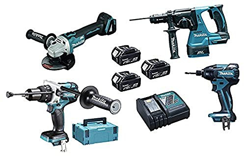 Makita DLX4050TJ Maschinen Pack 4 + 3 akku 18V 5Ah Li-ion + 2 koffer Makpac, Schwarz/Blau
