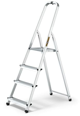 DRABEST Home Aluminiumleiter 4 Stufen 125 kg - Sicheres Arbeiten zu Hause und bei Renovierungen - Tragkraft 125 kg - Stabile Konstruktion - rutschfeste Füße - Steigleiter 60 cm - 0,43 x 1,45 x 0,75 m
