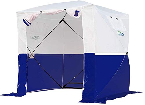 Goutime Faltbares Montagezelt Bauzelte 2mx2m, Schnell-Aufbau Pavillon mit UV-Schutz & Wetterfestigkeit, Tragbares Multifunktionales Arbeitszelt Baustelle Veranstaltung (Weiß und Blau)