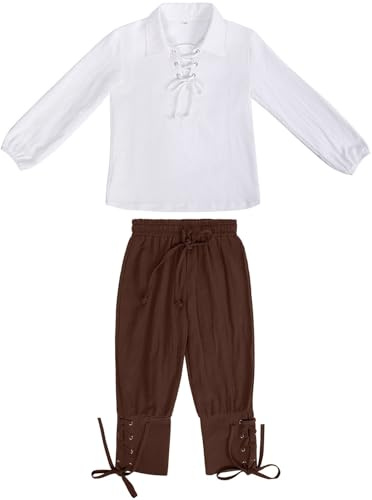 Generisch Mittelalterliches Set für Jungen, Hemd, Knöchelhose, Halloween-Kostüm für Kinder, schottische Jakobiten-Oberteile und Hosen Jungen Anzug Festlich 98 (Brown, 8-10 Years)