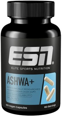 ESN Ashwa +, Ashwagandha hochdosiert, patentiertes KSM 66®, 120 Kapseln, mit Magnesium, Vitamin B6 & Zink - made in Germany