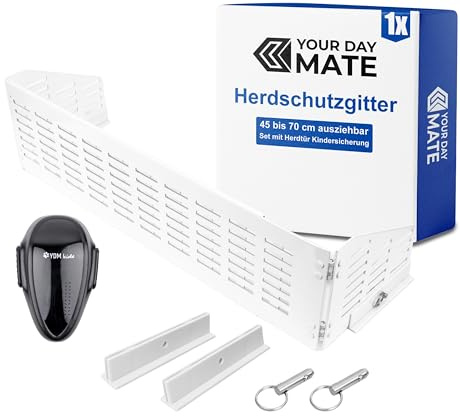 Herdschutzgitter Kindersicherung, 45 bis 70 cm ausziehbar, in Weiß, Set mit Backofentür Babysicherung, Herdschutz Gitter mit Scharnier-Seitenflügeln, zusammenfaltbar und verstaubar, Kochfeld Abdeckung