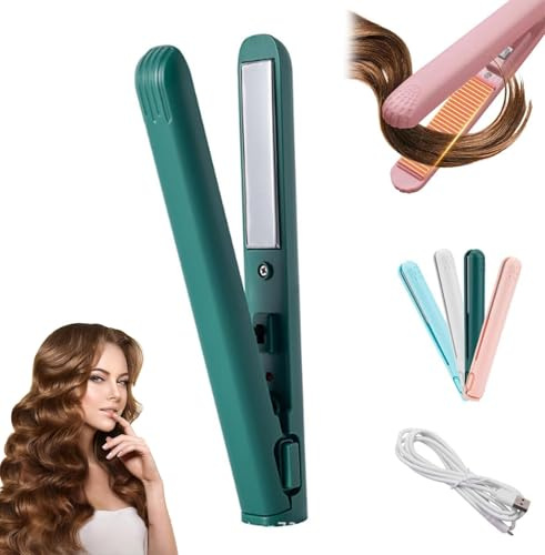 Mini b mit doppeltem Verwendungszweck, kleine Locken, Mini-Lockenstab und Glätteisen, Lockenstab, tragbar, für kurze Haare und alle Arten von Haaren (Dunkelgrün)