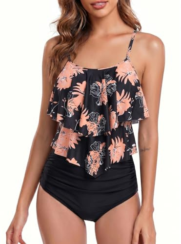 FLYILY Tankini High Waist Damen Zweiteiliger Bikini Set Badeanzug Rüschen Bedruckt Bademode mit Hoher Taille Bikinihose Tankini Oberteil Strandkleidung