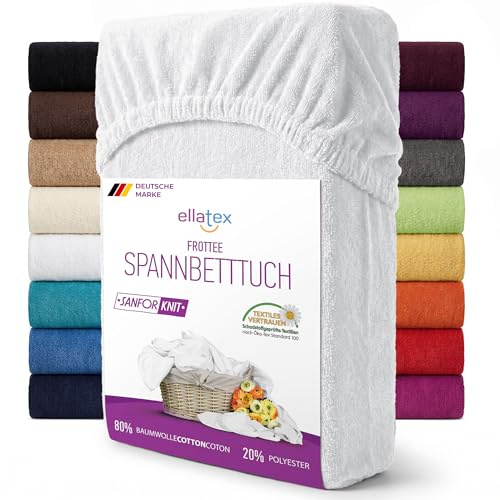 EllaTex Frottee Spannbettlaken 180x200–200x220 extra hoch 40 cm – 200 g/m², für Boxspringbett & Wasserbett, weich & strapazierfähig, Farbe: Weiß