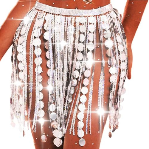 Ushiny Festival Outfit Paillettenquaste Rock Silberne Silvester Fransenröcke Bauchtanz Hüfttuch Rave Costume Accessoires für Frauen